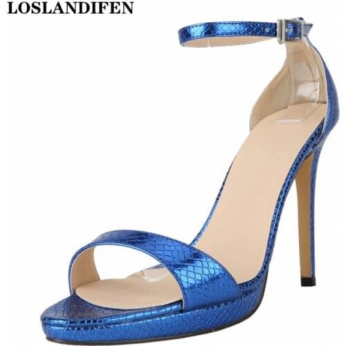 Sexy Crocodile Pattern Buckle Women Sandals Summer Open Toe Platform High Heels Leather Shoes Female Party Wedding Pumps Fashion
