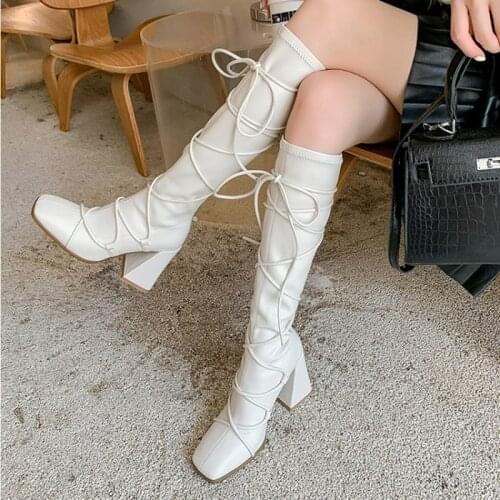 2022 Winter Newest Chic Cross Strap Tied Rope Cord Twine Knee Boots Women 9cm Chunky Block Heels Stretch Long Boots Woman Shoes
