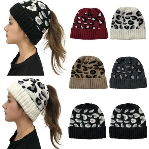 Women Casual Knitted High Ponytail Beanie Hat Lady Autumn Winter Cap Leopard Print Fashion Thick Warm Female Outdoor Sport Hats