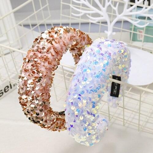 Women Girl Glitter Sequins Wide Headband Reflective Colorful Sponge Padded Hair Hoop Dance Party Styling Thick Boutique Headwear