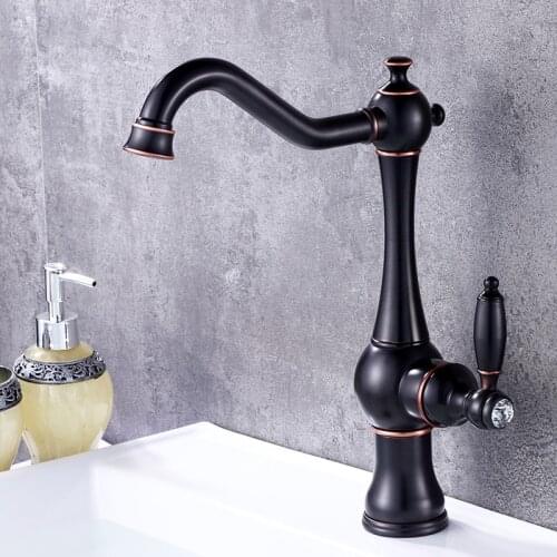Basin Faucets Modern Black Bronze Color Deck Mounted Bathroom Mixer Faucets Black Finish With Diamond High Bathroom Sink Faucet