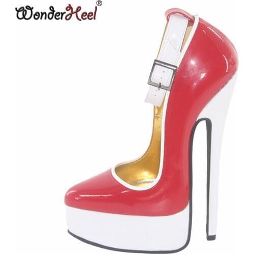Wonderheel Genuine leather pump EXTREME high HEEL 20cm heel with platform women shoes Sexy fetish patent ankle straps pumps