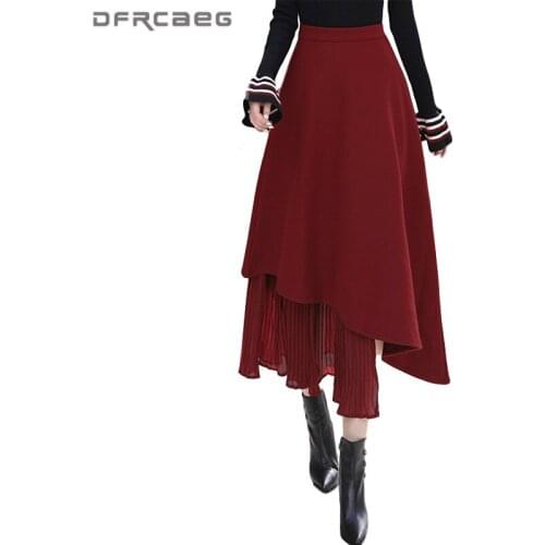 Wine Red Irregular Warm Wool Long Skirt Women 2020 High Waist Patchwork Slim Winter Ladies Woollen Skirt Elegant Saia Longa
