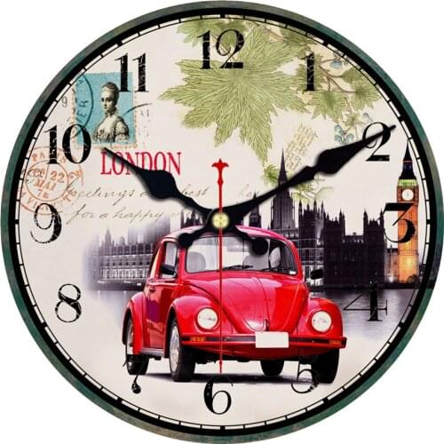 Vintage Retro Wooden Wall Clock Large London British Flag Wall Clocks London Street Old Car Silent Round Clock 6 Inch