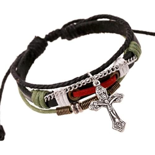 Vintage Retro Fashion Cross Bracelet Multilayer Rope Leather Charm Bangle Wrap Adjustable Wristbands for Women Men Jewelry Gift