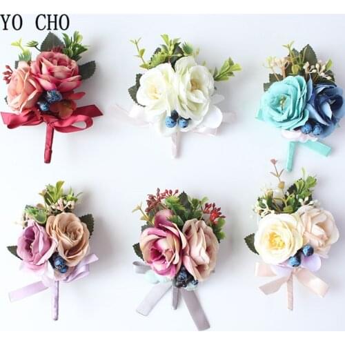 YO CHO Silk Roses Wedding Wrist Corsages Boutonnieres Flowers White Bridal Hand Flowers Groom Man Buttonhole Marriage Supplies A