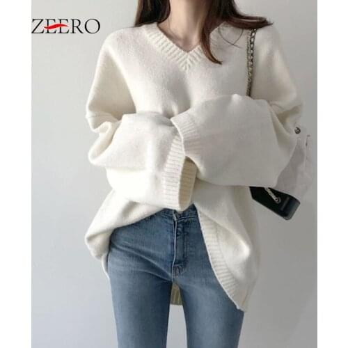 Winter Sweater Women Black White Pullovers Korean Style Autumn Loose Casual V-Neck Knitted Tops Solid Jumpers Woman Sweaters