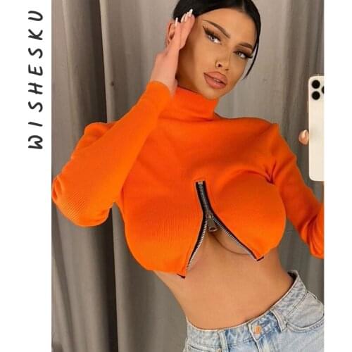 Women Sexy Long Sleeve Zipper Turtleneck Crop Tops Casual Autumn Ribbed Slim Fit Tee Solid Color T-shirt 2021 E-girl Y2K Clothes