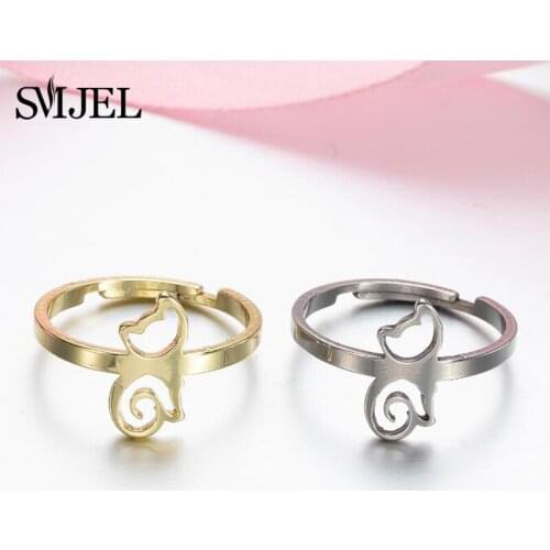 SMJEL Cartoon Lovely Cat Shape Rings for Women Stainless Steel Jewelry bijoux femme Small Animal Kitten Ring Bague 2021 Gifts
