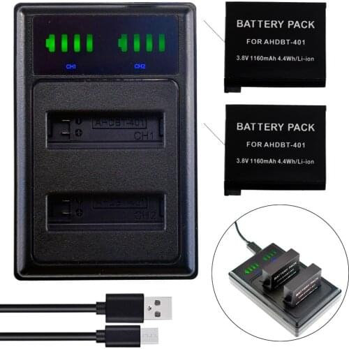 2X Battery+charger for Gopro AHDBT-401 Gopro Hero4 Hero4 HD Black/Silver Camera