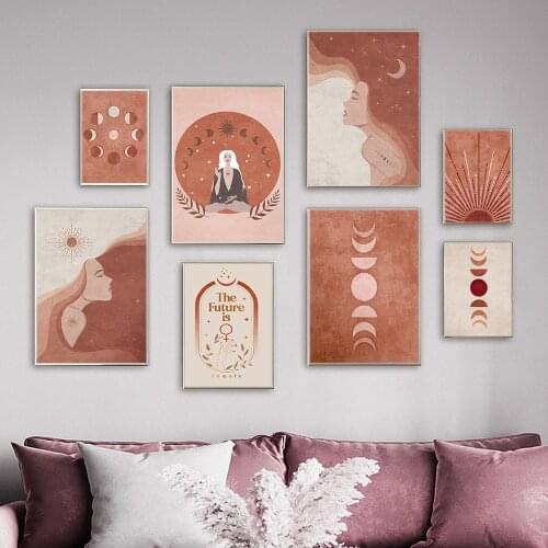 Abstract Sun Moon Painting Yoga Woman Orange Wall Art Canvas Print Boho Posters Nordic Wall Pictures For Living Room Home Decor