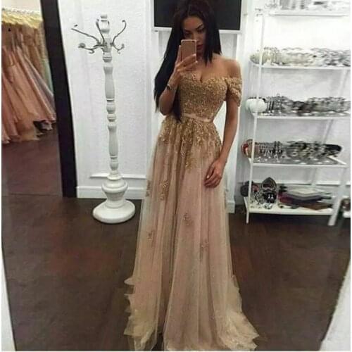 ANGELSBRIDEP Sweetheart Long Evening Party Dresses Vestidos de festa Sexy Gold Applique Floor-Length Tulle Formal Prom Dresses