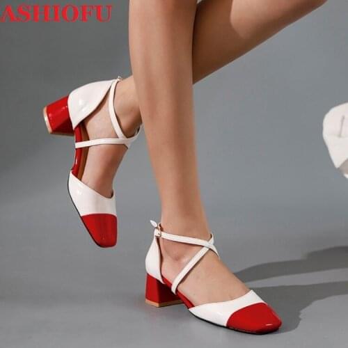 ASHIOFU New Handmade Womens Pumps D'orsay Style Cross-buckle Strap Patchwork Leather Party Prom Plus Size 3-colors Fashion Shoes