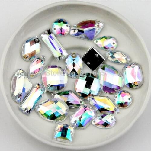 Free Shipping 100pcs/Lot, mixed Size mix shape Crystal AB / Clear AB sew on stones flat back Acrylic sew on rhinestones gems DIY