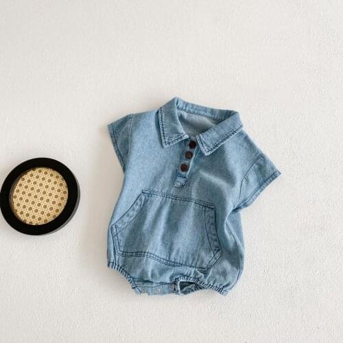 2021 Summer New Newborn Infant Boy Girl Fashion Large Pocket Decoration Bodysuit Toddler Baby Denim Short Sleeve Bodysuits