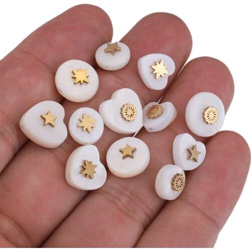 5pcs 8 10mm White Round Heart Natural Stone Beads Stainless Steel Flat Beads for Jewelry Making Supplies Wholesale Accessories