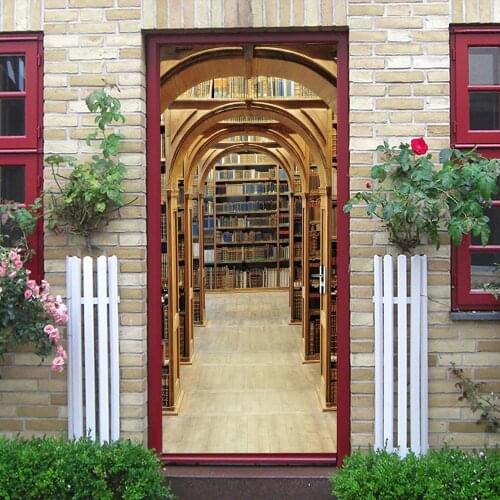 Library Bookshelf Door Mural Wallpaper DIY Self-adhesive Sticker Vinyl Waterproof Removable Decals Home Decor Poster deursticker