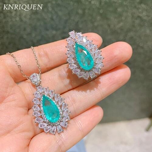2021 Trend 925 Sterling Silver Water Drop 8*16MM Paraiba Tourmaline Pendant Necklace Rings for Women Lab Diamond Jewelry Sets