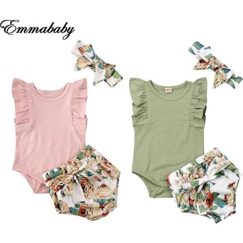 Newborn Infant Baby Girls Clothes Ruffle Sleeve Romper Floral Shorts Outfit Floral Shorts Headband Outfit