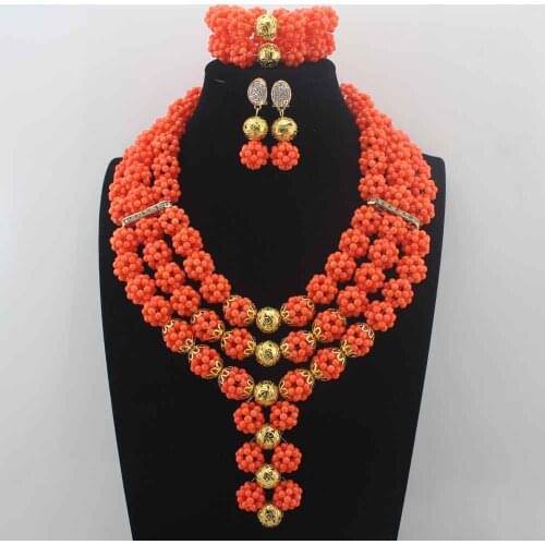 New Orange coral African beads Jewelry Sets Nigerian Wedding beads jewelry sets dubai beaded Necklace Bracelet Earring W14014