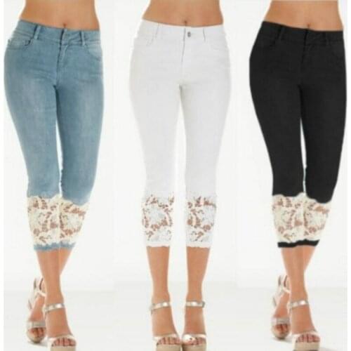 Korean Vinage Lace Womens Jeans Cropped Trousers Spring Summer Embroidery Lace Push Up Pants Sexy Ladies Plus Size 3XL