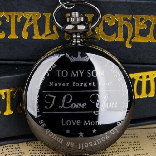 To My Son Text Quartz Pocket Watch Necklace Chain Love Mom Design Pendant Watch for Boy