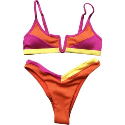 40%HOT Women Push Up Ribbed Two Piece Padded Bra High Cut Thong Bikini Bathing Suit for Summer