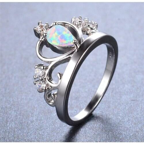 Cute Female White Fire Opal Ring Unique Silver Color Love Crown Ring Promise Wedding Engagement Rings For Women