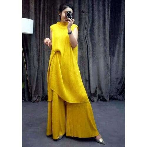 Miyake Suit Two-piece Broad-legged Pants Westernized Summer Style Goddess Korean Version Big Size Pleats Set