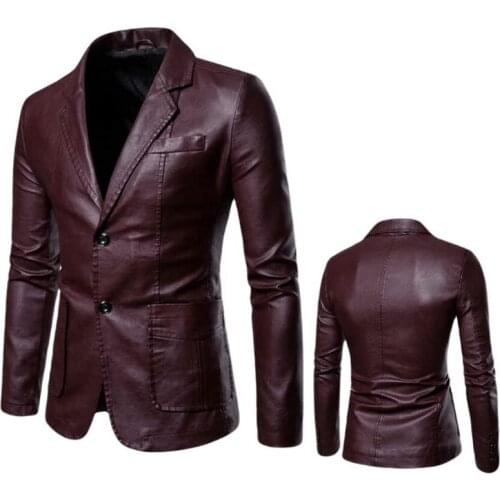 Long Suit Collar Leather Jacket Men Fashion PU Leather Coat Suit Collar Slim Casual Big Pocket Mens Leather Outwear
