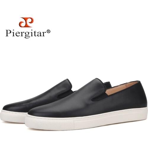 Piergitar 2020 new black color genuine leather men sneakers handcrafted mens casual shoes white bottom men loafers sports shoes