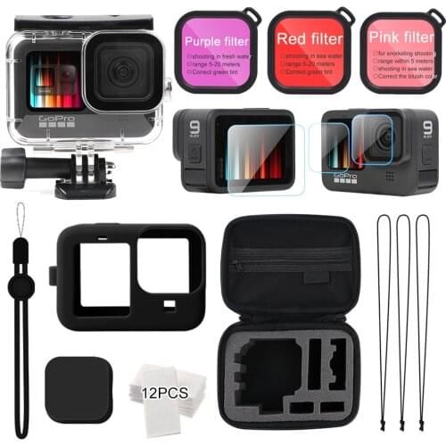 For Gopro Accessories Set go pro hero 9 kit EVA case Tempered film waterproof Housing case red filter silicone Protector