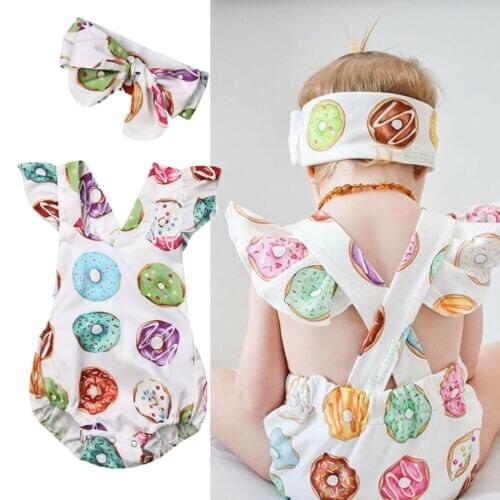 Pudcoco 2019 New Infant Baby Girl Fly Sleeve Bodysuit Jumpsuit+Headband Summer Doughnut Print Clothes Outfit One Piece