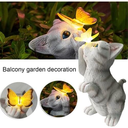 Solar LED Lights Cute Cat and Butterfly FigurineResin Ornament Garden Lamp Ornament for Patio Lawn Art Decoration