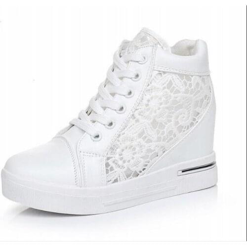 Women white Wedge Platform Rubber Brogue Leather Lace Up High heel Shoes Pointed Toe Increasing Creepers White Silv SIZE35-40