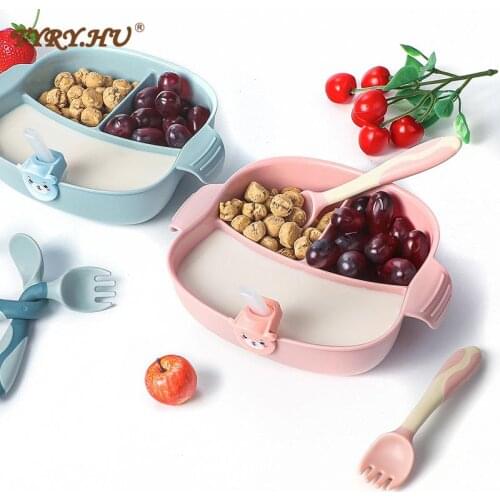 TYRY.HU 1set Baby Safe Silicone Plate Feeding Bowl Waterproof Children Dishes Training Tableware Kids with Spoon fork and Straw