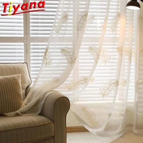 Feather Embroidered Tulle Curtains for Living Room Elegant White Sheer Voile for Bedroom Kitchen Balcony X-HM152#30