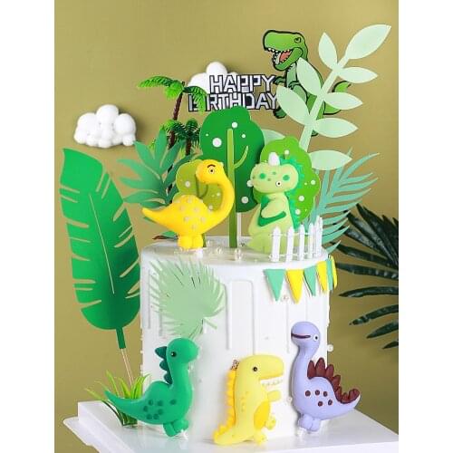 Childrens Day Baby One Year Old Green Forest Dinosaur Series Cake Topper Leave Dessert Plug In Birthday Party Scene Decoration