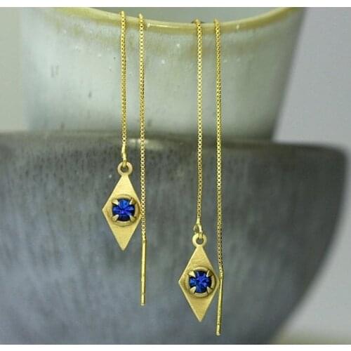 2021 Wholesale Cross-border Jewelry Vintage Diamond-shaped Sapphire Earrings Creative Ear Line Earrings Pendant