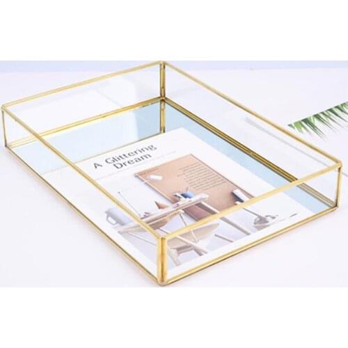 Tasty Golden Metal Glass Jewelry Display Tray Cosmetic Storage Box Organizer