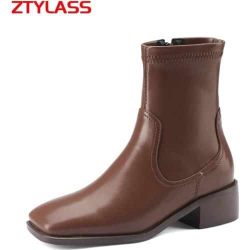 2021 New Autumn Winter Women Ankle Boots Fashion Zipper Thick Heel Short Boots Square Toe Retro Womens Shoes Black Brown