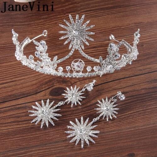 JaneVini Bling Rhinestones Bridal Tiaras and Crowns with Earrings Silver Women Party Wedding Headband Headpieces Bridal Hairband