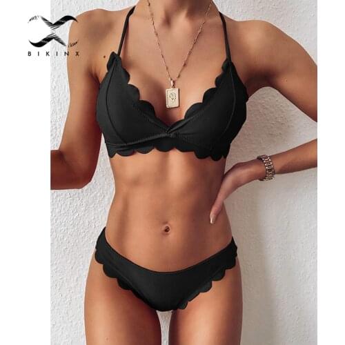 Halter womens swimsuit solid Triangle sexy bikini set String ruffle bikini Push up sport swimwear 2020 Frill black bathing suit