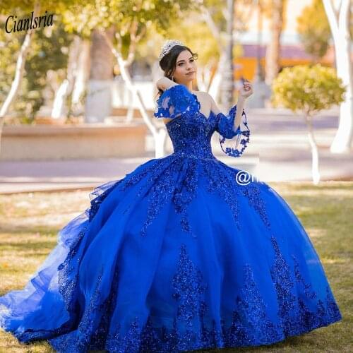 Royal Blue Detachable Sleeve Ball Gown Quinceanera Dresses Sweetheart Sequined Appliques Sweet 16 Dress Vestido De 15 Anos