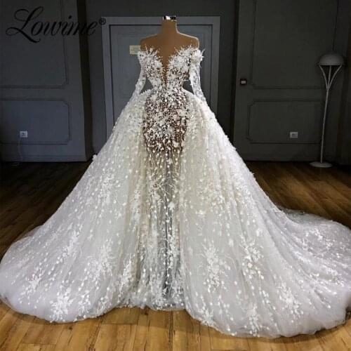 Illusion Heavy Pearls Long Sleeve Mermaid Wedding Dresses With Detachable Train Flowers Luxury Bridal Gown Vestido De Novia 2020