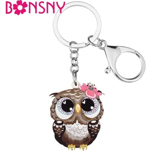 BONSNY Acrylic Cute Cartoon Big Eyes Owl Keychains Ring Fashion Key Chain Novelty Jewelry For Women Girls Charms Unique Gift