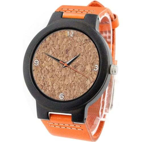 Dropshipping Customizable Engraved Womens Cork Dial Natural Black Ebony Wood Watch with Orange Strap