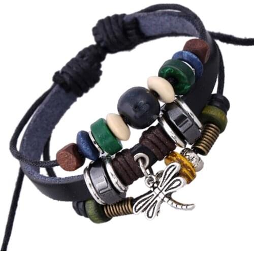 Gnova New Dragonfly Genuine Leather Bracelet Men Women Handmade Braid Butterfly Charm Bracelets Bangles Men Jewelry