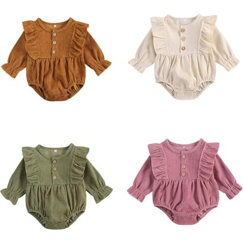 Infant Newborn Baby Girls Corduroy Bodysuits Ruffled Long Sleeve Jumpsuits Solid Spring Autumn Outfits