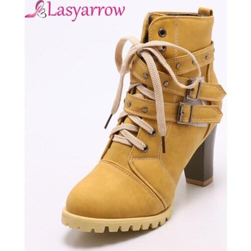 Lasyarrow High Heels Rivets Ankle Boots Female Fashion Lace Up Martin Boots Platform Autumn Women Boots Casual Buckle Bota Mujer